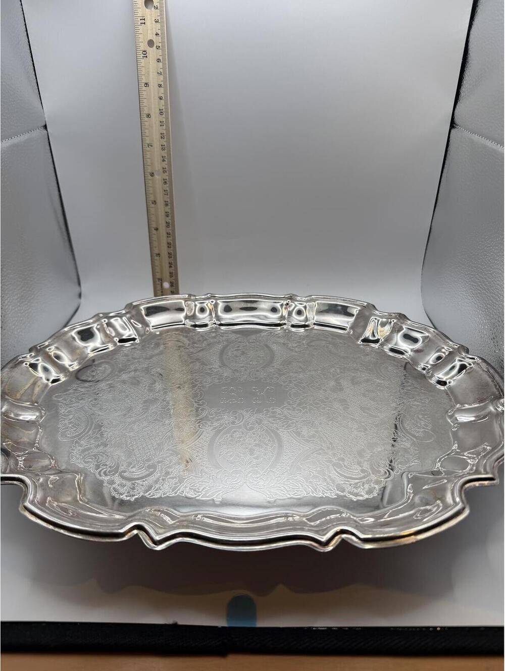 Vintage Silverplate Serving Tray Floral Etched Monogram BK Scalloped